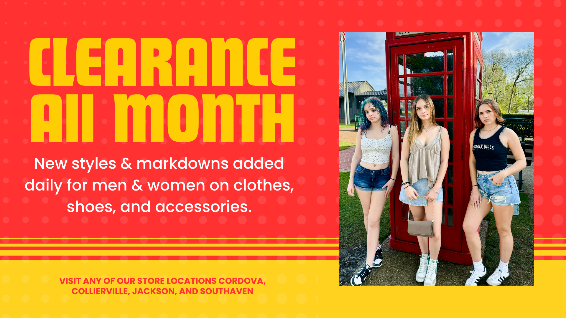 Clearance clothing racks featuring discounted apparel and accessories during Plato's Closet June clearance event with 50% OFF, 70% OFF, and Dollar Event promotions.